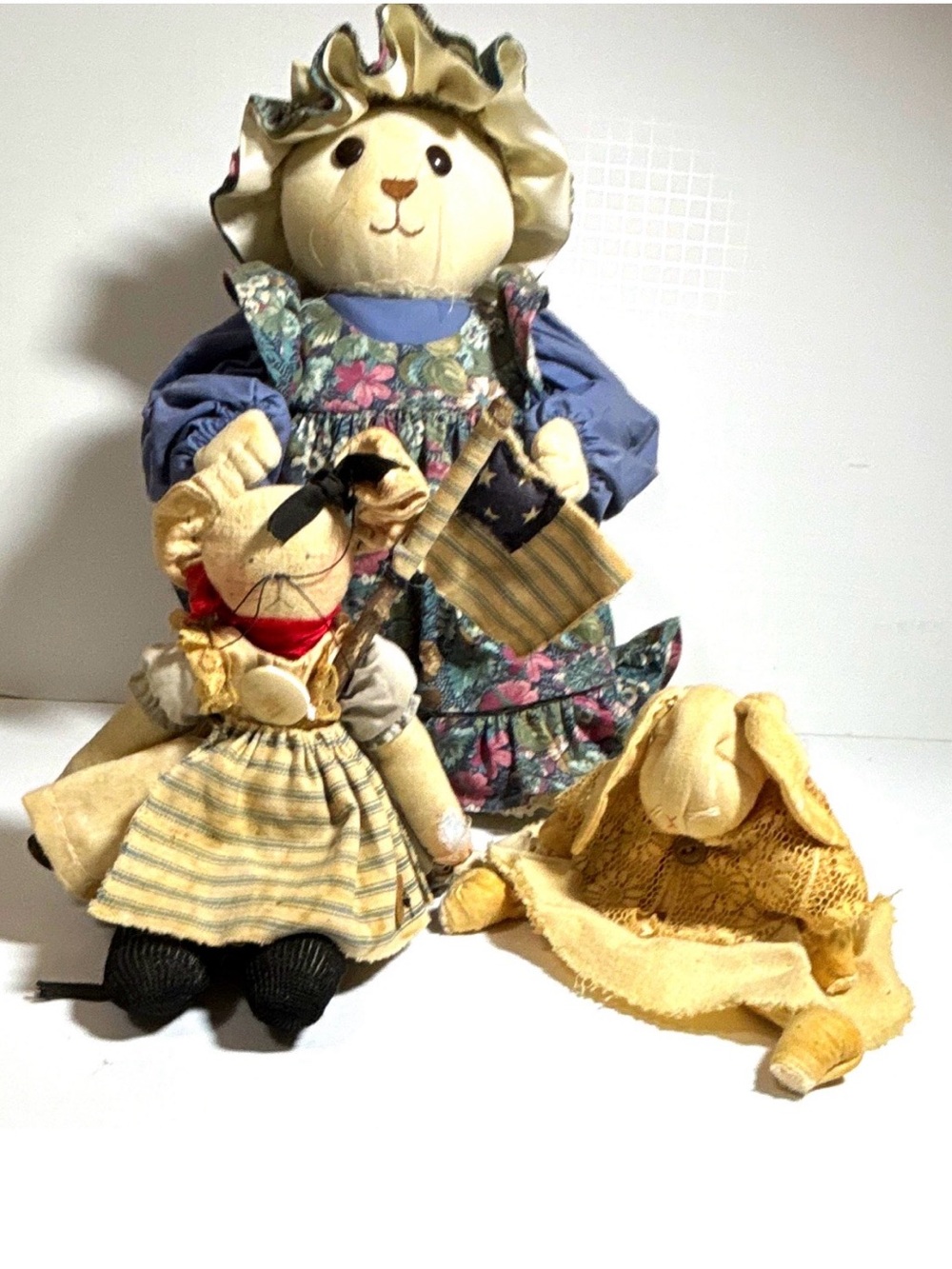 VTG Country Primitive Folk Art Lot 3 Cloth Doll Cat Bunny Rabbit Farmhouse Decor